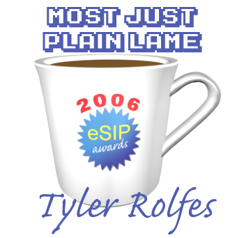 A graphic depicting a coffee cup as the 2006 eSIP Award for Most Just Plain Lame