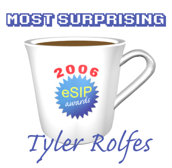A graphic depicting a coffee cup as the 2006 eSIP Award for Most Surprising