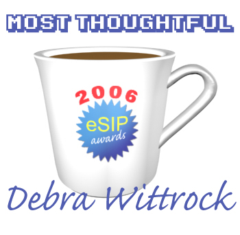 A graphic depicting a coffee cup as the 2006 eSIP Award for Most Thoughtful